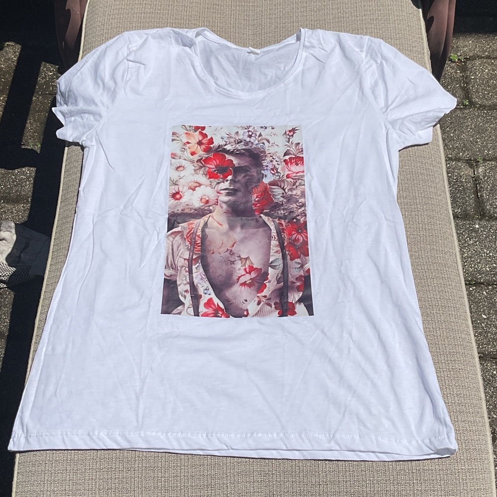 David Bowie Floral Graphic White T-Shirt, Size XL